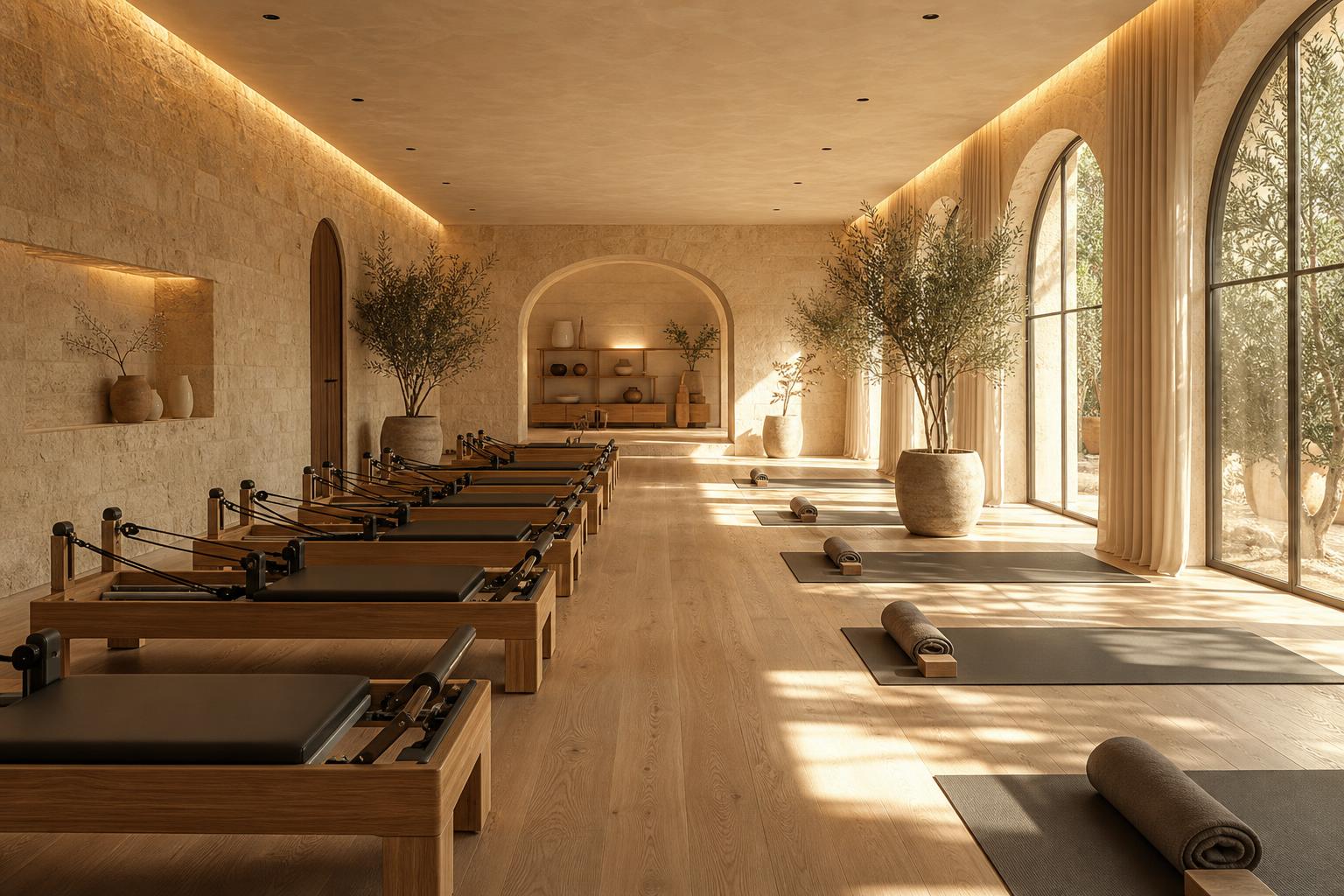 Einladender Pilates-Kursraum mit Reformer und Matten